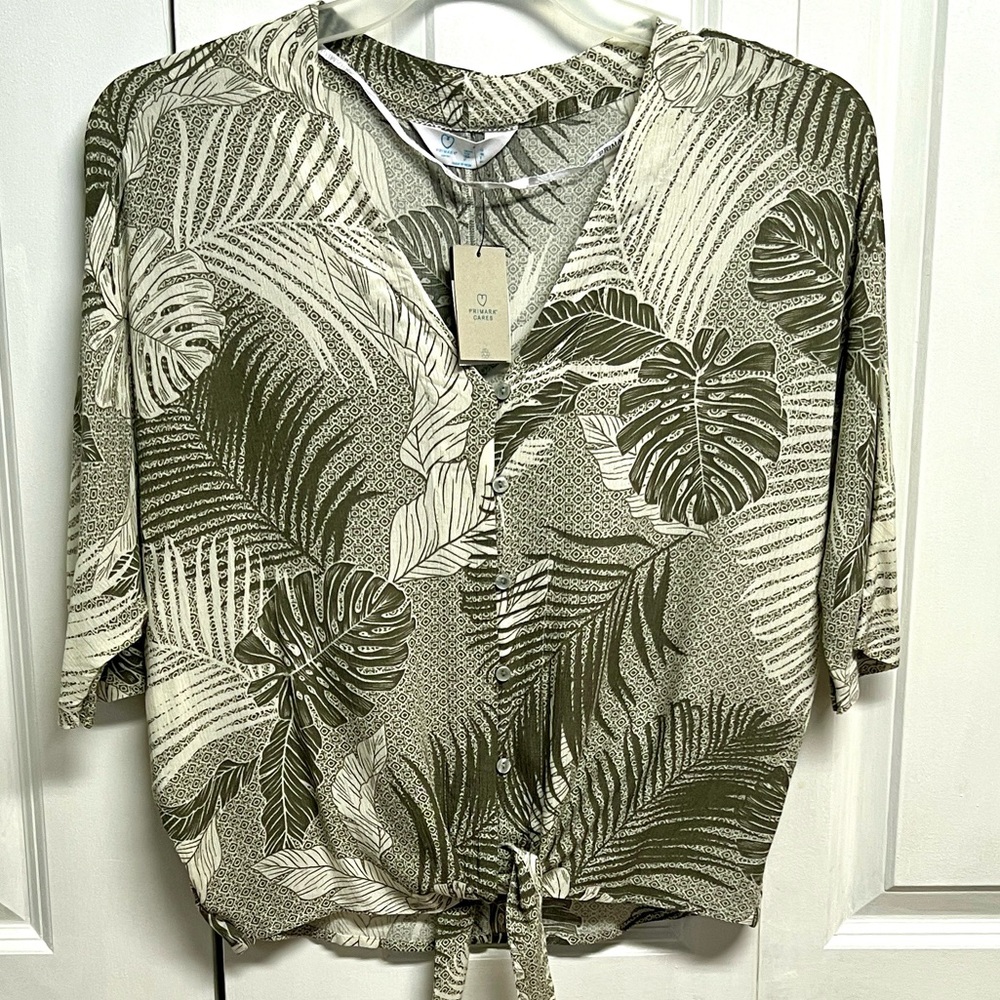 Primark Olive & Cream Tropical Print Button-Front Tie Blouse Size 12 NWT